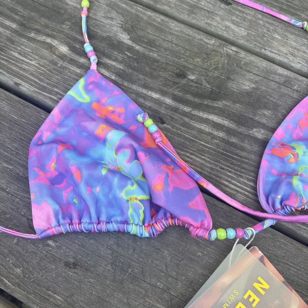NWT Neena Triangle Bikini String Top Large Batch A Purple Print